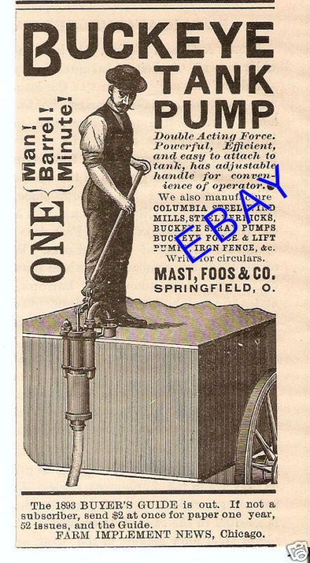 1893 MAST FOOS BUCKEYE TANK PUMP AD BARREL SPRINGFIELD