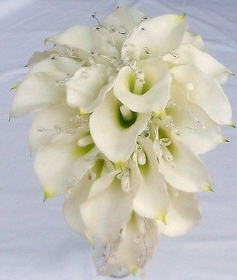 Real Touch Calla Lily and Crystal Gems Wedding Bridal Teardrop Bouquet