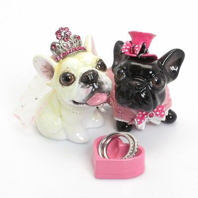 French Bulldog Wedding Cake Topper with Little Pink Bowl Ring Bearer