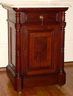 1870 Victorian stand, burl walnut, white marble top, 3/4 column