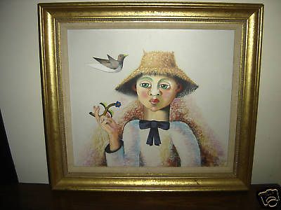 BRAZILIAN PORTUGUESE ARTIST CARLOS KIS PAINTING BOY WITH BLUE FLOWER