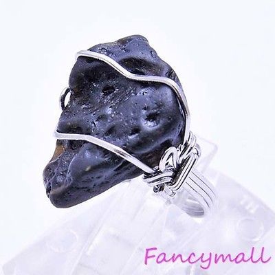 SIZE 7 natural blackTektite ring meteorite healing impact rough