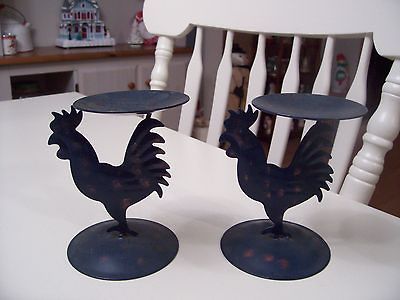 Pair of Metal Rooster Pillar Candle Holders