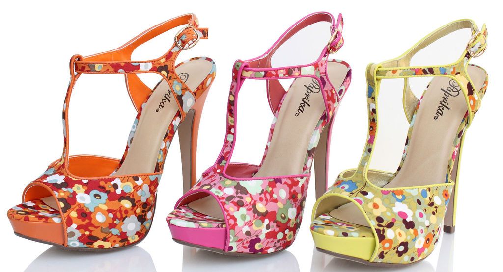 Flower Canvas T Strap Ankle Strap Platform High Heel Zelda Orange