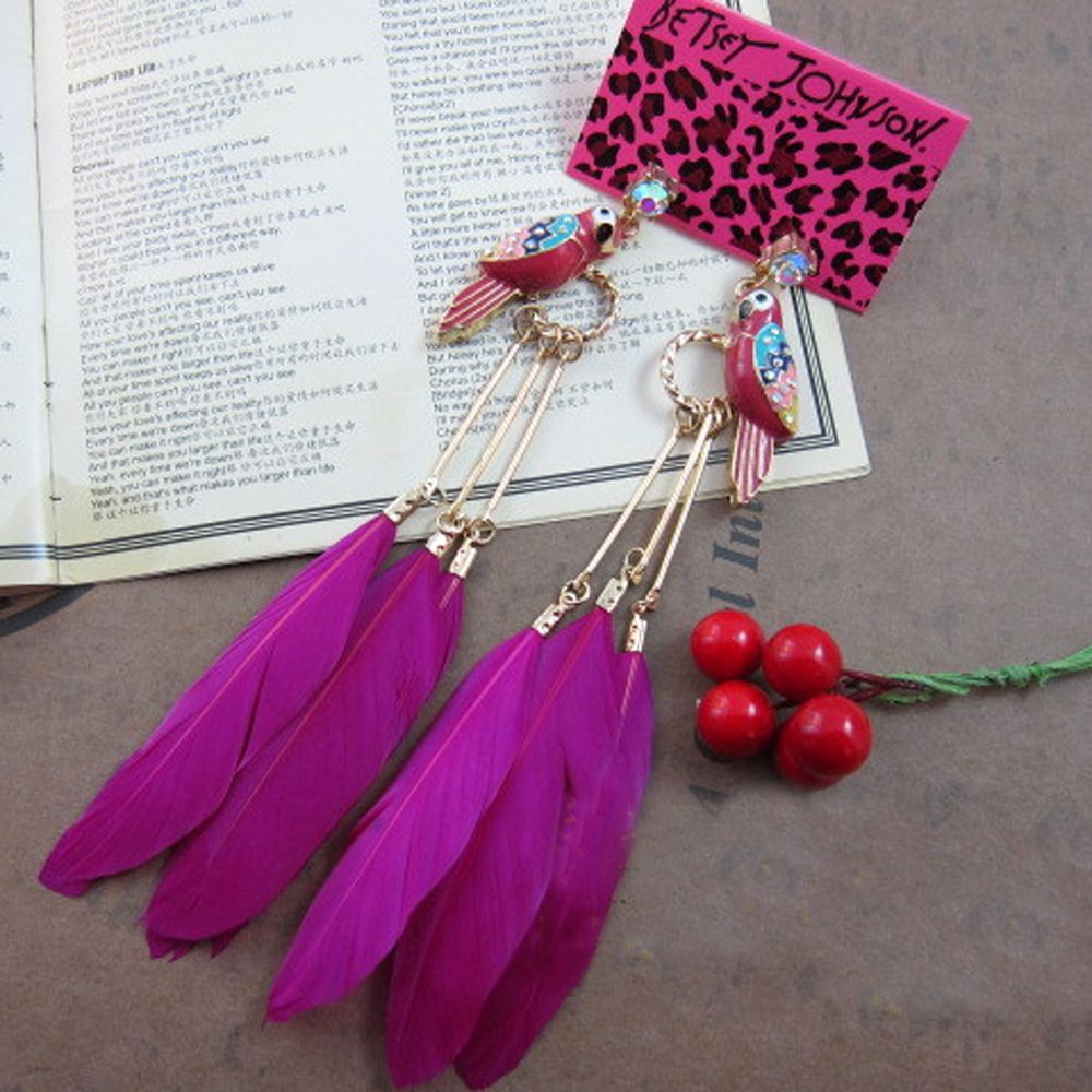 BJ0041 Betsey Johnson Parrot Feather Dangle Earring RED