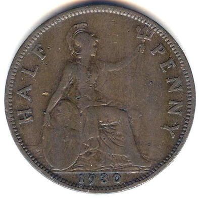 C1141 GREAT BRITAIN COIN, 1/2 PENNY 1930 VG   F