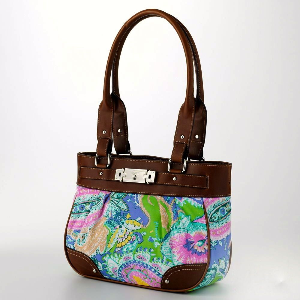 CHAPS FLORAL GREEN BROWN PAISLEY PLEATED BELTED TOTE BAG PURSE HANDBAG