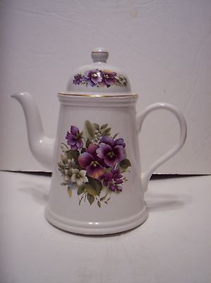 Vintage Arthur Wood Tea Coffee Chocolate Pot Purple Yellow White Pansy