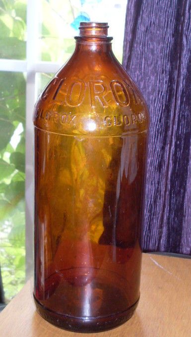 CLOROX BOTTLE, 1940 44 QUART SIZE, DARK BROWN, 10  HT.