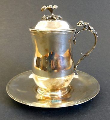 Egyptian Silver Lidded Cocoa Mug and Saucer Flower Decoration .900