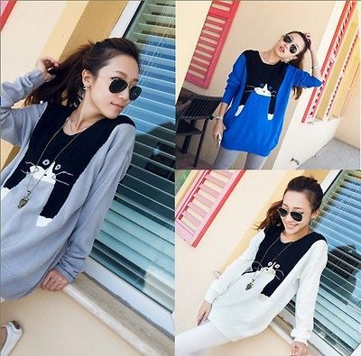 Lady Women Girl Long Sleeve Round Neck Cat Pattern Knit Blouse Sweater