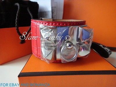 Hermes GERANIUM Red Croc Palladium PHW CDC Collier De Chien Bracelet