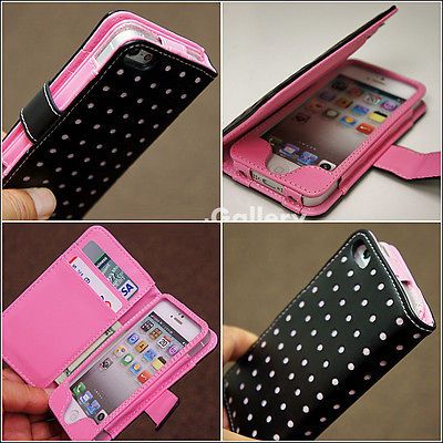 Pink Dot Wallet Leather Card Holder Pouch Case Cover For iPhone 4#C