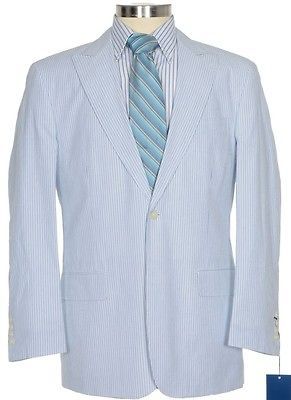 300 Paul Fredrick 46R Blue White Seersucker Cotton One Button Summer