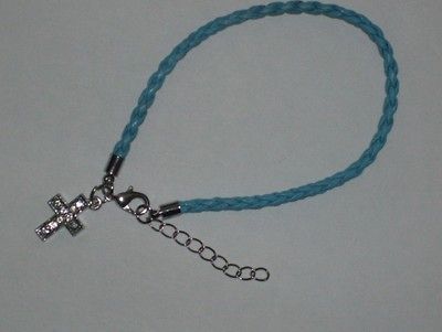 Faux Leather Braided Light Blue/Aqua Bracelet with Rhinestone Cross