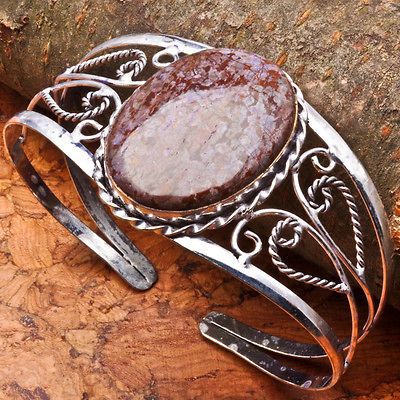 NATURAL SNOWFLAKE JASPER GEMS CUFF BRACELET 8~10 925 STERLING SILVER