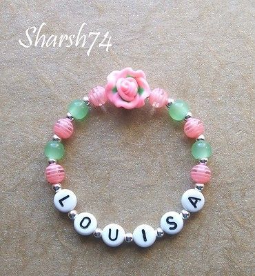 Child Girls Pink & Green Rose Fimo Custom Name Bracelet Spring Easter