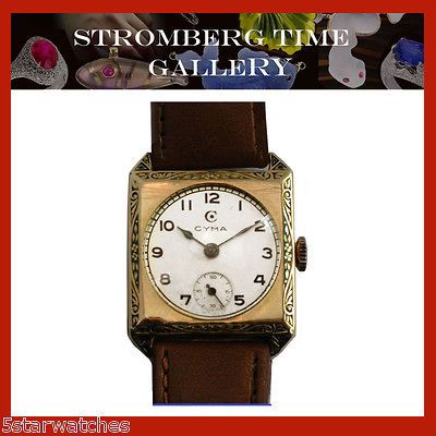 Most Unusual Cyma Tavannes Vintage 1920s 14k Gold Engraved Mens