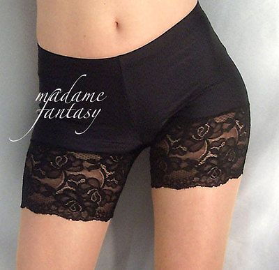 SHINY SPANDEX SHORTS HOT PANTS BLACK LACE CUFFS MF205 M MEDIUM