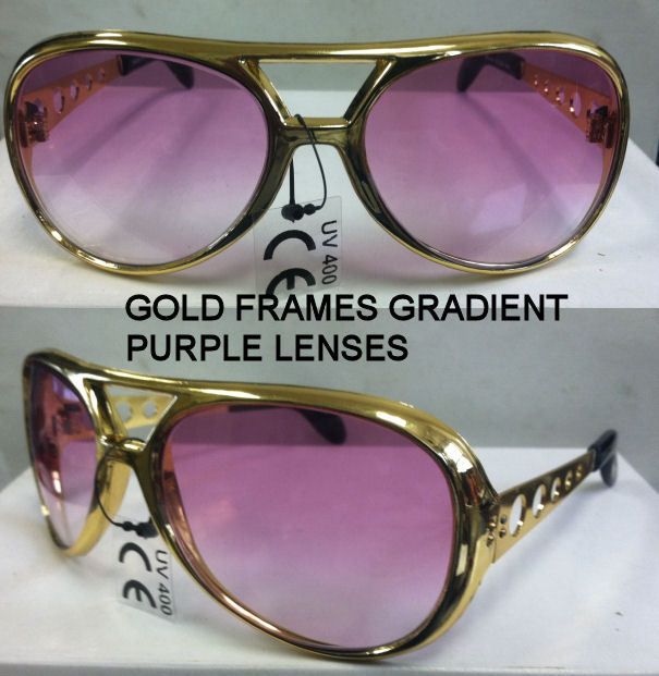 SUNGLASSES AVIATOR GOLD CUSTOM PURPLE LENSES WITH BUTTON METAL HINGES