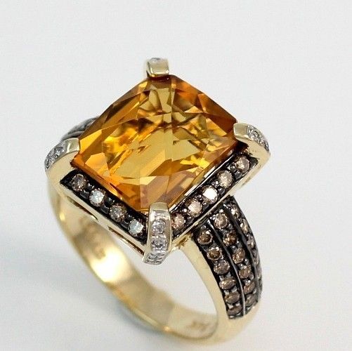 Yellow Gold 6.0ct Citrine Chocolate/Whit e 1.0ct Diamond Ring Size 7