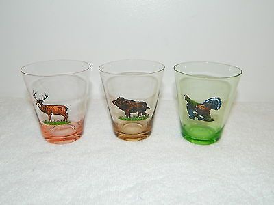 Set Of 3 Colored Shot Or Tumbler Glasses Pink Elk Amber Boar Green