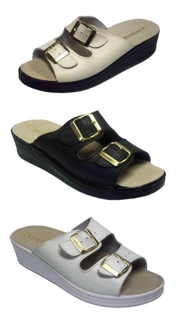 Damianis 301 Womens Slip On Two Buckle Comfort Sandal in White