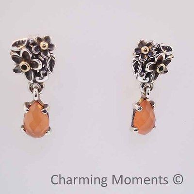 Authentic Pandora Silver Ear Rings Dew Drop Orange Moonstone 290161MSO