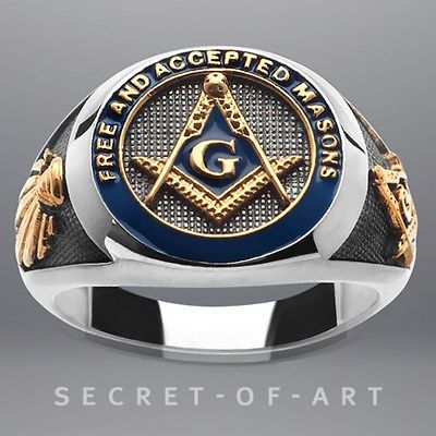 MASONIC SILVER 925 RING BLUE ENAMEL 24K GOLD PLATED