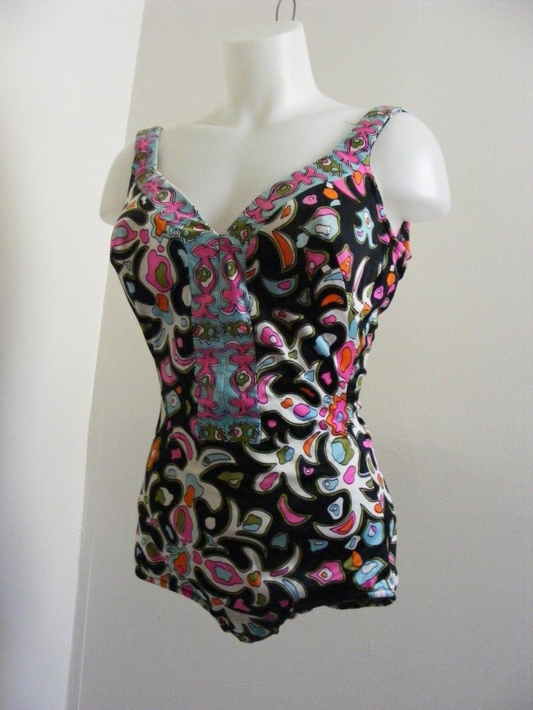 Vtg 1950s Perfection Fit by ROXANNE Pink Black Print 1 Piece Swimsuit