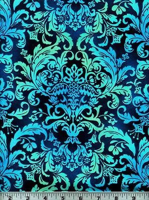 Fabric #2059, Damask Like Print, Blues, Aquas, Henry Glass Sold by 1/2