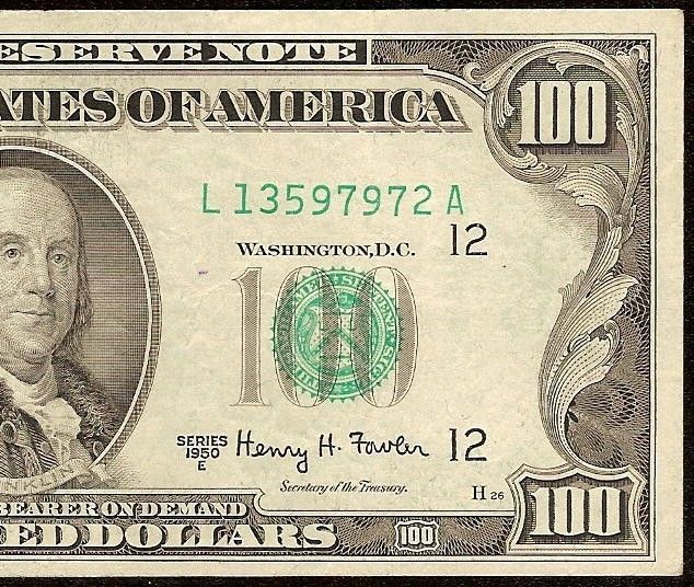 1950 E $100 DOLLAR BILL FEDERAL RESERVE NOTE ONLY 3 DISTRICT PRINTING
