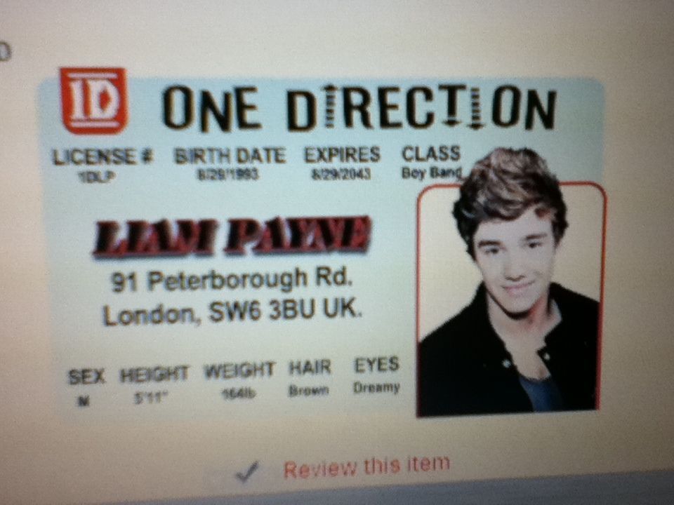 id card of Liam Payne ONE DIRECTION Drivers License
