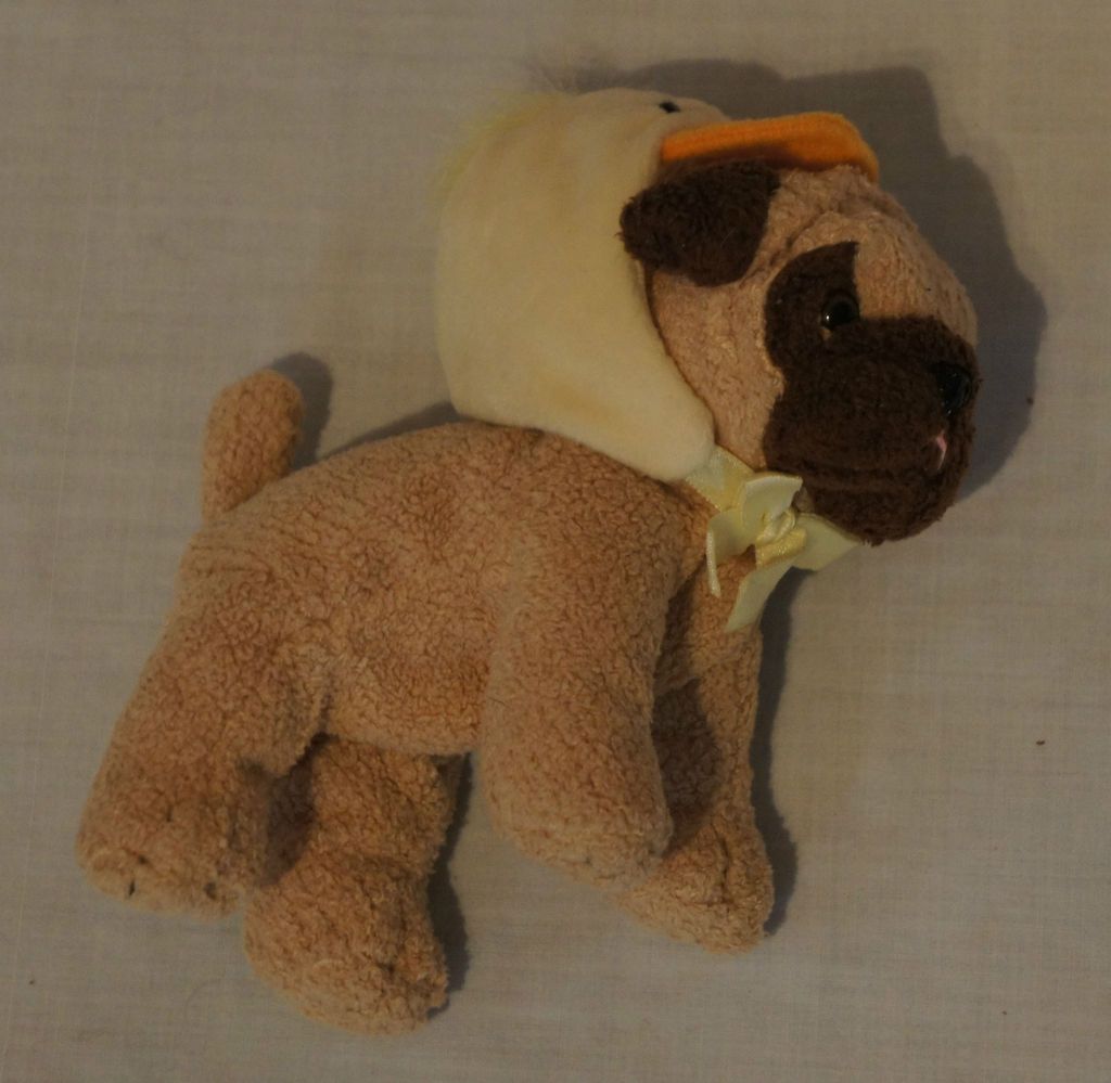 Stuffed Plush Yellow Duck Hat Costume Brown Pug Puppy Dog Doll Toy