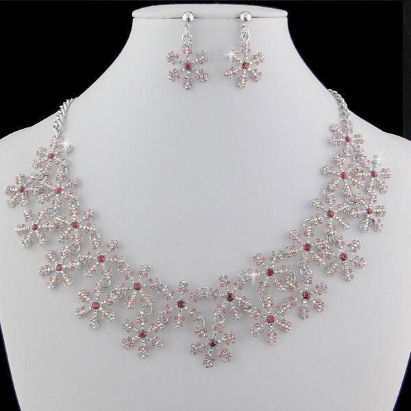Christmas Lots Snowflake Necklace Earring Set Pink Rhinestone Crystal