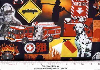 Firemen 911 Firetrucks & Dalmations Squares Fabric by the Yard