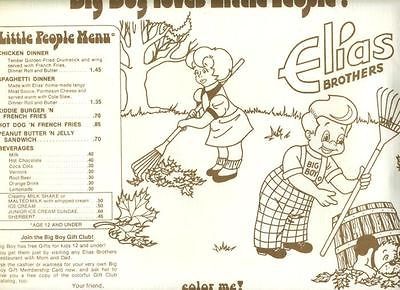 Elias Brothers Big Boy Restaurant Kid Color Me Menu Placemat 1977