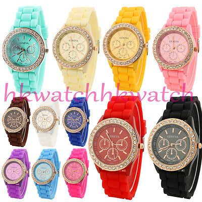 Golden Rhinestones CZ Bling Geneva Quartz Silicone Girl Lady Women