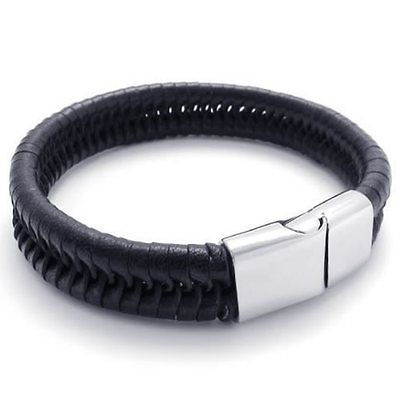 Black Genuine Leather Silver Stainless Steel Mens Bracelet Bangle