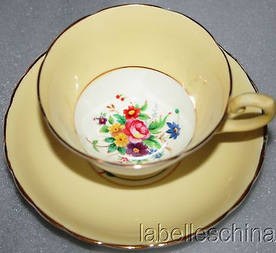 England Tea Cup and Saucer HPT Floral Yellow Gold Gilt Trim Teacup Duo