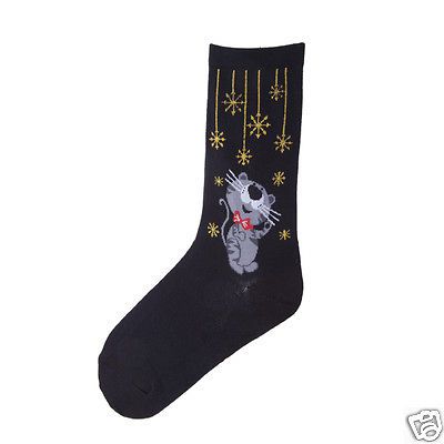 Bell Grey Cat Dancing Under Gold Snowflakes Ladies Crew Black Socks