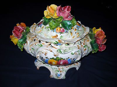 Antique CAPODIMONTE TUREEN WITH COVER   hand painted  ITALY