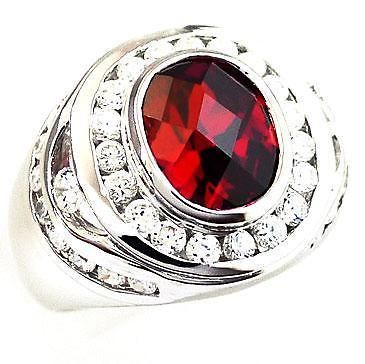 OVAL RED RUBY DIAMOND MENS RING Sz 11 RHODIUM STERLING 925 SILVER