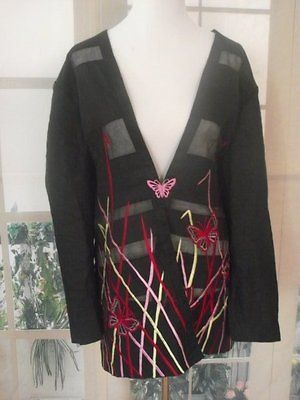 sz 20 Blazer Top Blouse Embroidered Brouch Butterfly black Donna Vinci