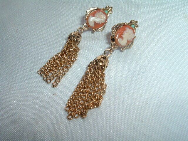 VINTAGE ESTATE CAMEO TASSEL & TURQUOISE CLIP EARRINGS, BEAUTIFUL