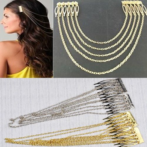 Fashion Punk Women Chic Hair Cuff Pin Head Band Chains 2 Combs Tassels