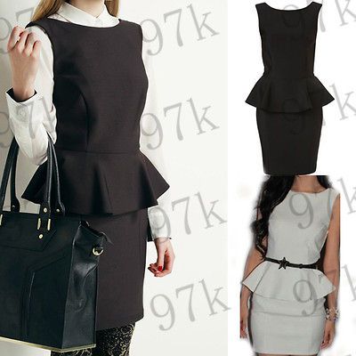 Chic ladys Sleeveless Crew Neck V Back Slim Peplum Pencil Dress White