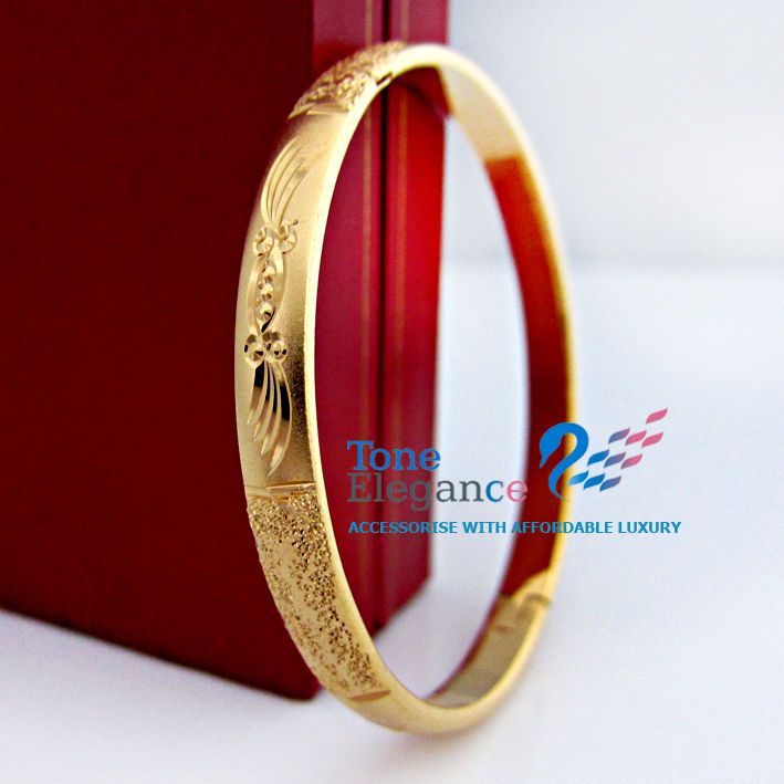 18k yellow Gold GF Vintage style diamond cut solid womens mens bangle