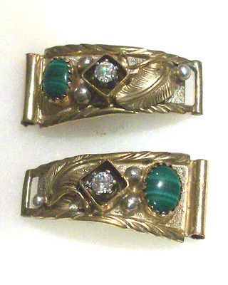 LADIES NAVAJO GREEN MALACHITE, CZ & 12K GF WATCH BAND TIPS ~ VERRRY