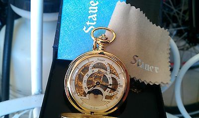 Stauer 1760 Wind up SKELETON POCKET GOLD WATCH w/CHAIN